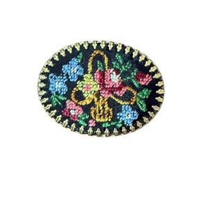Vintage Needlepoint Flower Pin Gold Tone Oval Black Pink Blue Yellow